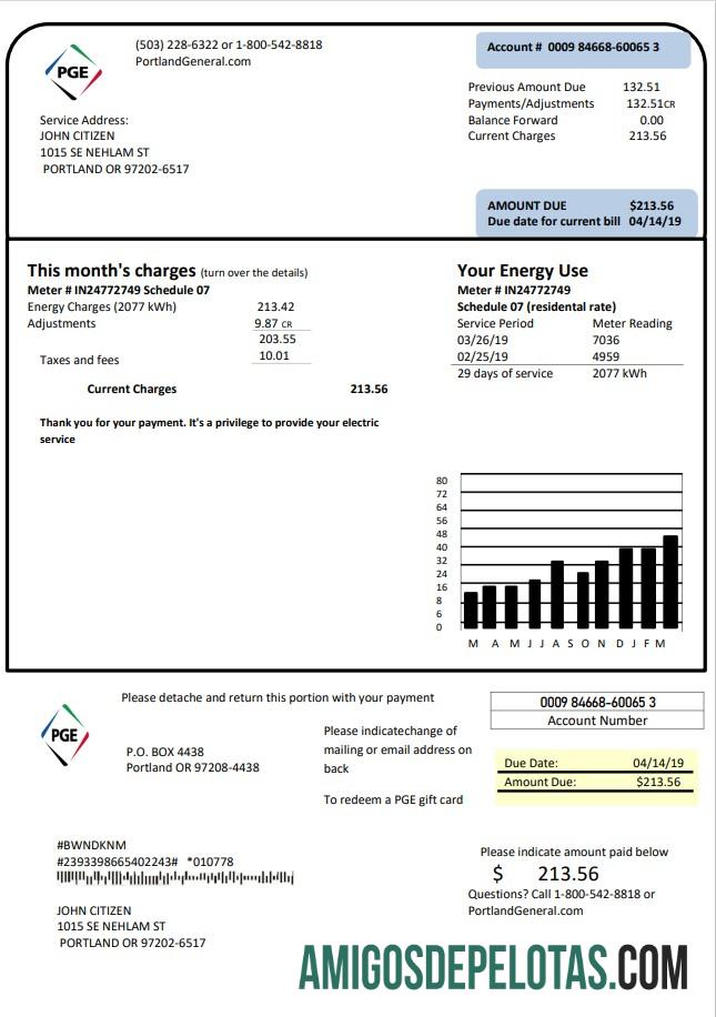 realista Modelo de conta de serviços públicos de eletricidade PGE dos EUA Oregon em formato Word e PDF